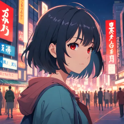 Teenage girl .Short black hair.red eyes.Modern clothes.Background city at night