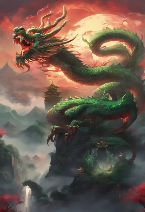 China-style，Chinese mythology，Chinese Green Dragon，tosen，Ferocious，gargantuan，The eyes glow red，Glow effects，surrounded by cloud，Thick clouds，buliding，中景 the scene is，Full body like， highly detailed surreal vfx，oc rendered，