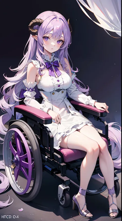 young girl, long curly lilac hair, violet eyes, Sheep horns, princess dress, open breasts, sitting in a wheelchair, Masterpiece, hiquality, higly detailed, HD, 4k