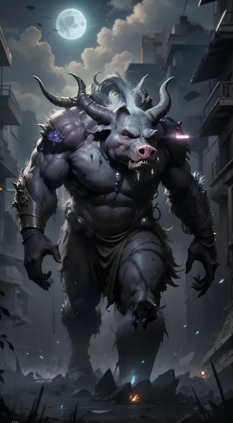 Alien warrior with a pig face，Huge and ugly，Pig-faced aliens come from the unreal world，At the feet of the alien warriors are people fleeing in panic，Standing in a complex of ruined buildings，（The face looks like a pig），（poison fangs），（Very detailed and pe...