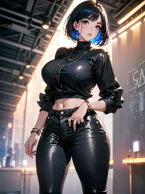 Girl short black hair, full lips, short wide sleeve shirt, jeans, black boots, deserted road, full body, curvy body, (ultra-realistic), {extremely detailed CG unit 8k wallpaper}, Expansive landscape photography , (a view from below that shows the grandeur ...