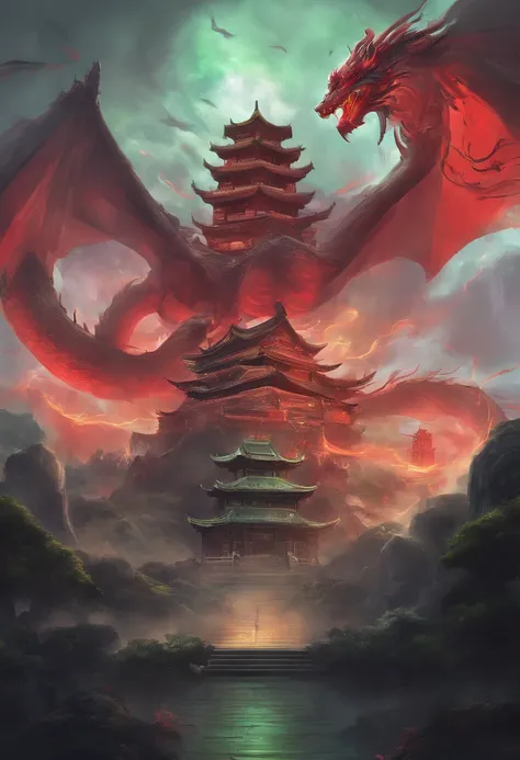 China-style，Chinese mythology，Chinese Green Dragon，tosen，Ferocious，gargantuan，The eyes glow red，Glow effects，surrounded by cloud，Thick clouds，buliding，中景 the scene is，Full body like， highly detailed surreal vfx，oc rendered，