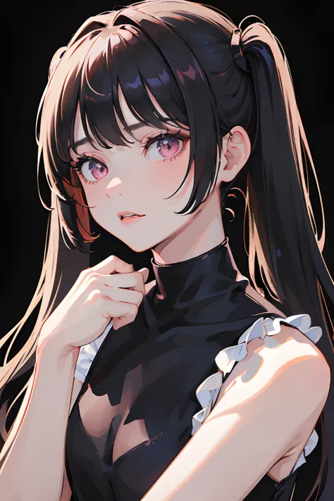 ((masterpiece, best quality)), (1girl), (solo), (female focus), (black hair, pony, pony bangs, twintail, long hair),pink eyes,((sleeveless shirt)), sad, portraits, hand behind body, close up, upper body, night club background