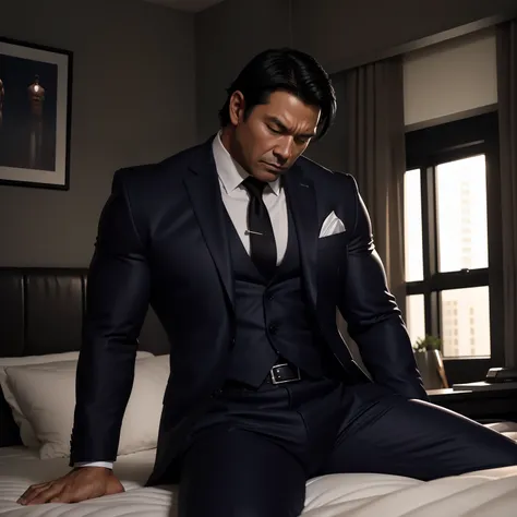 50 years old,daddy,shiny suit,k hd,in the office,muscle, gay ,black hair,asia face,masculine,strong man,naked body ,The boss is sleeping on the bed