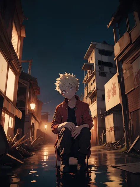 Blonde Katsumi Bakugo with red eyes sits down、13years、portraitures、Straight face、((deep in the night、mid night、early dawn))、((Ruins、abandoned amusement park、corrosion))、Foggy、Sateen、reflection、Nostalgic but unsettling photos、Images in a dream、horor、Pretty ...