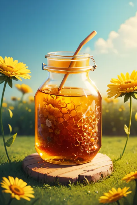 can you make an image of honey in nature and a honey comb. Make the image with a beautiful background of flowers and grass. Make the image colorful, cartoonish, high quality.