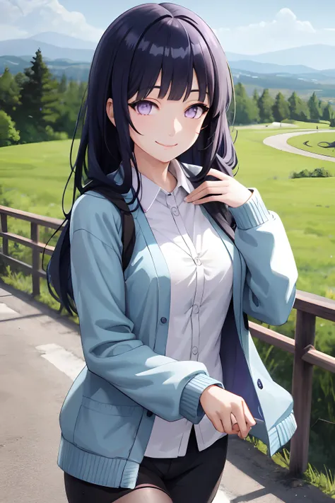 best quality, masterpiece, nice hands, perfect hands, Miku hiking, smile, Blue Cardigan, county road,Blunt Bangs, purple eyes, long dark blue hair