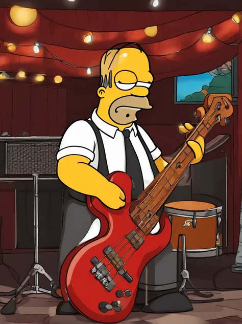 cafe shop，The Simpsons，Homer Simpson plays bass，homer simpson，dramatic lights，Dramatic colors，On stage，One guy，Play bass