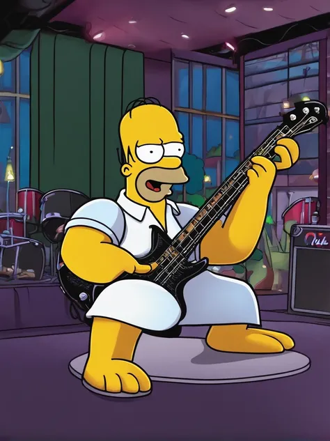 cafe shop，The Simpsons，Homer Simpson plays bass，homer simpson，dramatic lights，Dramatic colors，On stage，One guy，Play bass