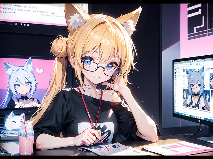 1girl, blue eyes, blonde short only left side pony bun hair with left over, cute fox ears and tail, wearing big round glasses, flat chest, wearing cat ears black T-shirt, exposed right shoulder, inside the house, sitting on a computer desk, playing games, ...