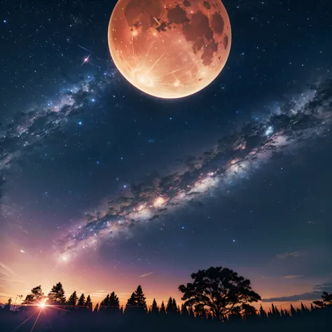 (best quality,4k,8k,16k,highres,masterpiece:1.2),ultra-detailed,(realistic,photorealistic,photo-realistic:1.37),sunset scene at night,stars in the sky,moon,nighttime atmosphere,dramatic lighting,sparkling stars,serene and peaceful ambiance,tree silhouettes...