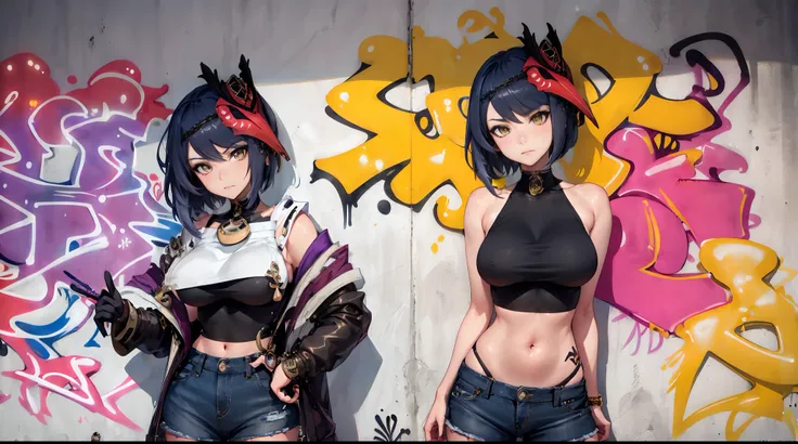 kujou sara genshin effect, masterpiece, bestquality, 1girls, mediuml breasts, bara, crop top, shorts jeans, choker, (graffiti:1....