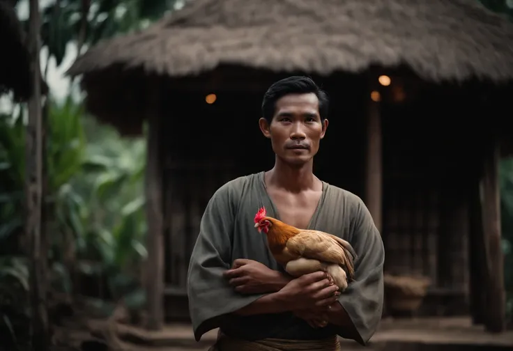 Thai man in slave costume holding a chicken bat, Ancient Thai House