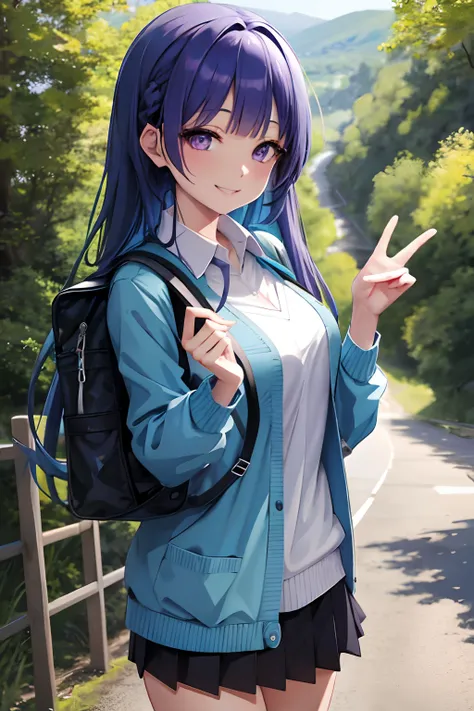 best quality, masterpiece, nice hands, perfect hands, Miku hiking, smile, Blue Cardigan, county road,Blunt Bangs, purple eyes, long dark blue hair