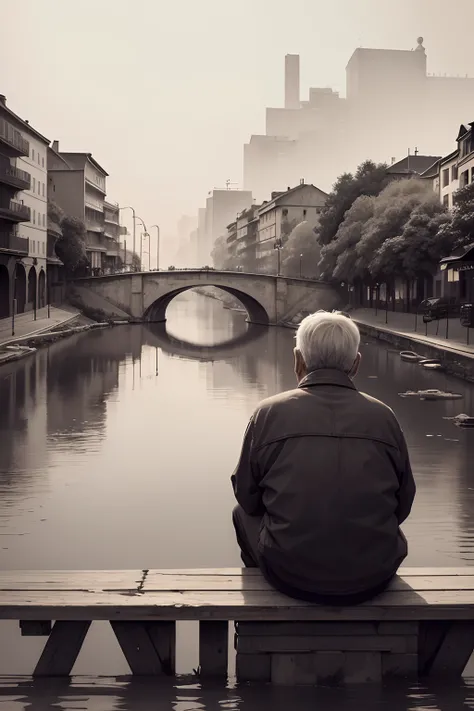 an old man sitting on bridge overlooking a river, taken from behind the man, no color, close up, background city watercolor