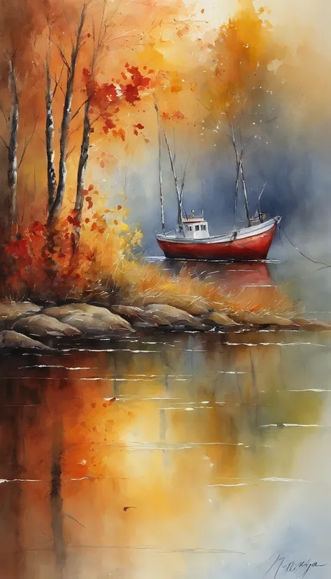 tmasterpiece, highest qualityr, Alto detalle, Impresionismo, Autumn morning, Cruise along the lake in the morning mist, neblina, cinematiclight,