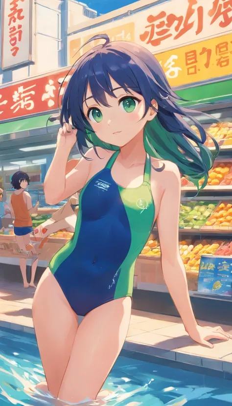 1 girl, FamilyMart theme, FamilyMart Style, Blue Long Hair, Navy blue school swimsuit, Green eyes