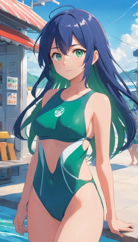 1 girl, FamilyMart theme, FamilyMart Style, Blue Long Hair, Navy blue school swimsuit, Green eyes