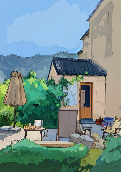 There is a drawing of a house with a terrace and a table, drawn in anime painter studio, In Studio Ghibli style, cel-shading style, A digital painting, In Studio Ghibli style, made with anime painter studio, Lourmarin, In Studio Ghibli style, studio ghibli...