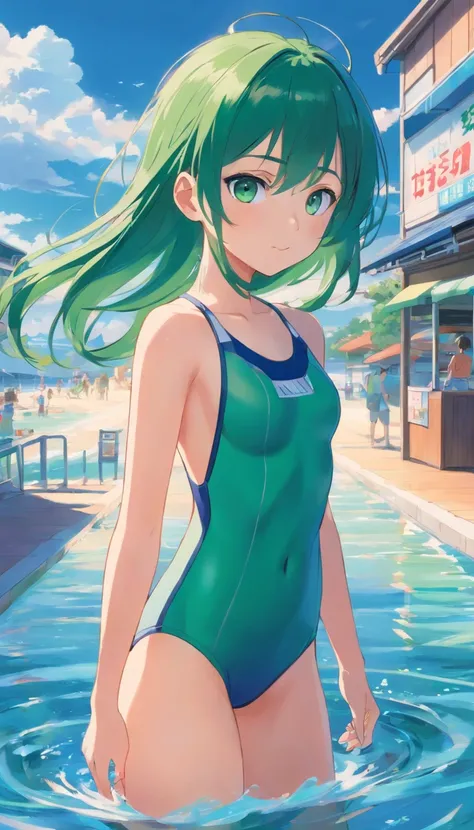 1 girl, FamilyMart Theme, FamilyMart Style, Blue Long Hair, Navy blue school swimsuit, Green eyes