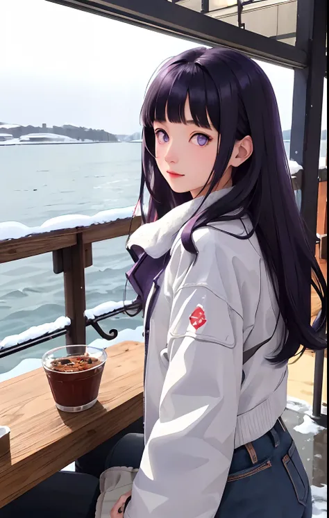 best quality, detailed background, girl,sea, cafeteria, bird, snow, winter,Blunt Bangs, purple eyes, medium wavy dark blue hair