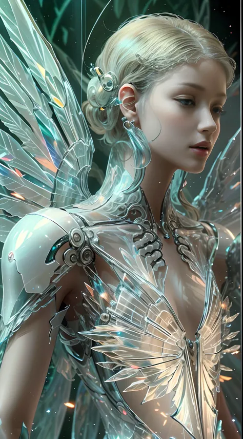 Translucent ethereal mechanical angel，Futuristic angels，Mechanical joints，Translucent angel wings，