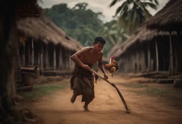 Thai man in slave costume holding a long stick chasing a chicken, Ancient Thai House