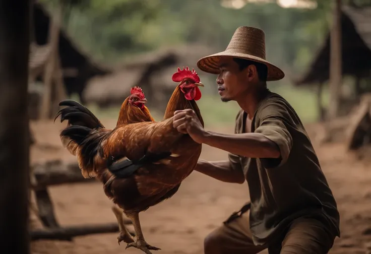 A Thai man in slave clothing is hitting a chicken with a log., Ancient Thai House