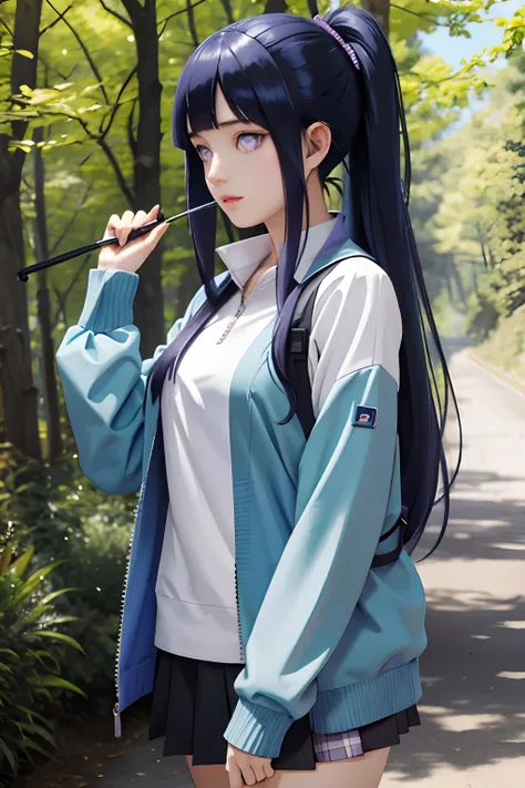 best quality, masterpiece, nice hands, perfect hands, Miku hiking, Blue Cardigan, county road,Blunt Bangs, purple eyes, long dark blue hair