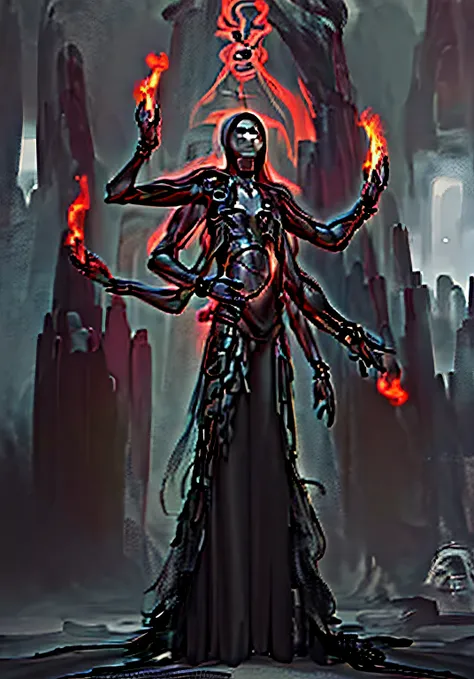 a woman in a black dress holding three torches and a skull, dark goddess with six arms, Arte conceitual 2022, magic the gathering concept art, symmetric concept art, arte conceitual profissional, rsrs, dramatic concept art, arte do design conceitual, bela ...