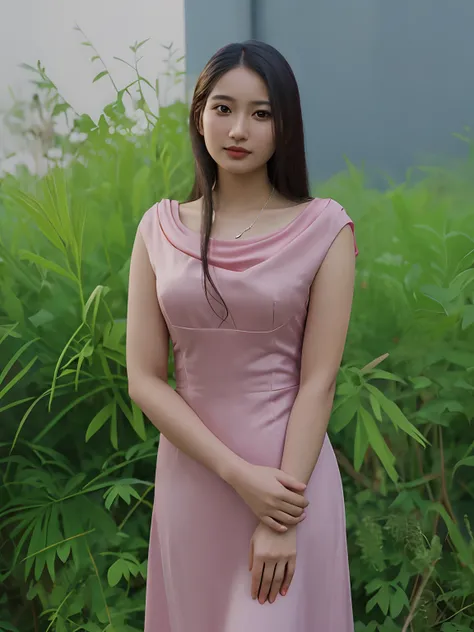 arafed woman in a pink dress standing in front of a bush, wearing an elegant dress, wearing a pink dress, nivanh chanthara, 2 8 years old, formal attire, 3 0 years old woman, 30 years old woman, 2 9 years old, 2 7 years old, wearing a formal dress, asian f...