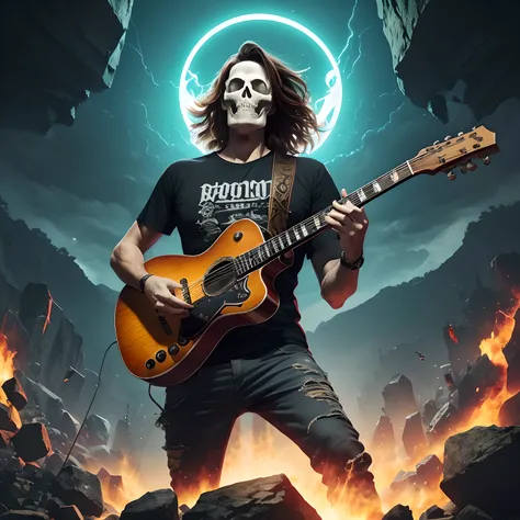 Create a T-shirt print with an illustration of a skeleton playing a rock guitar. Remova o plano de fundo e adicione respingos de tinta espalhados para efeito adicional. Pay meticulous attention to (((detalhes intrincados))) like the bones of the skeleton a...