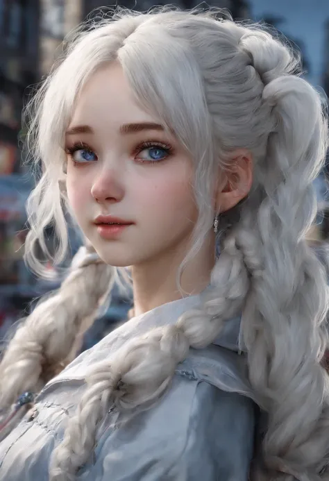 White color hair，Double ponytail curls，blue color eyes，White Lolita，Beth，A bustling city street