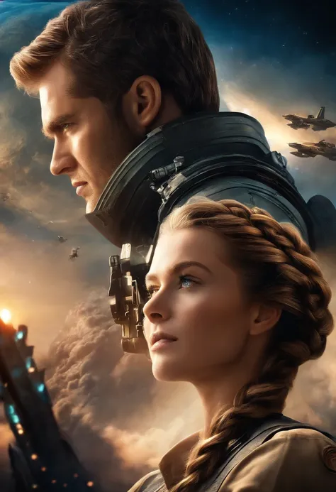 Movie poster,((braid hairstyle : 1.5)),Anime Reference 86 ,Science fiction,Sci-fi,cinematic ligh,War action movie,space,atmosphere,sky,battleship,