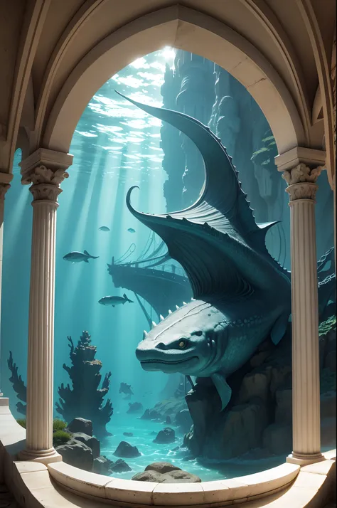 underwater, sea creature, mythology, greek, sea monster, captive, architecture