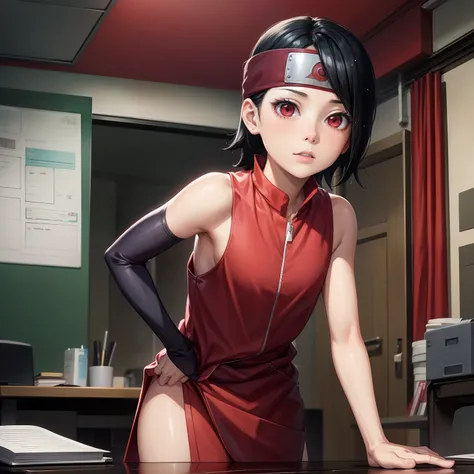 Naked, wet , , wearing red clothes, black hair, short hair, showing armpits, showing , cute face, sharingan eyes, sarada_uchiha, in class, on the desk