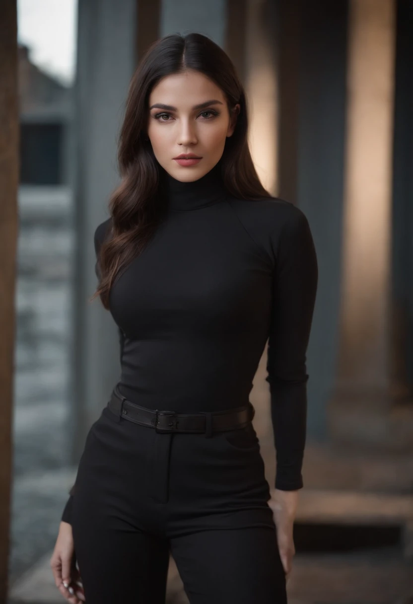 emilisia gomezi, tall, gorgeous, spanish descent, age 23, smooth skin, black hair. red color turtle neck, black fitting pants, simple silver necklace, working at the underground base, highly detailed, well lit, 8k, reviewing artifacts, holding a long whip....