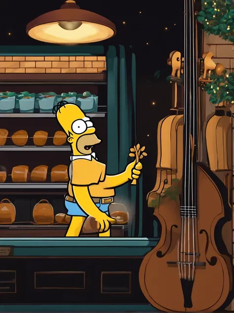 cafe shop，The Simpsons，Homer Simpson plays bass，homer simpson，The Simpsons animation style，dramatic lights，Dramatic action，Wonderful poster composition，Dramatic composition，Dramatic colors，Gorgeous stage，gorgeous lights，ornate backdrop，One guy，Play bass，fu...