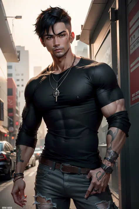 there is a mixed white and asian male in black tactical shirt and ripped jeans and a unique blood vile necklace that is glowing red in the center, gun strapped to his thigh, in his 30s handsome and in shape, tan skin color, facing forward, searching expres...