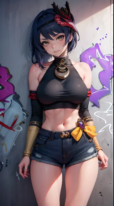 Kujou Sara Genshin Effect, masterpiece, bestquality, 1girls, mediuml breasts, bara, crop top, shorts jeans, choker, (Graffiti:1.5), Splash with purple lightning pattern., arm behind back, against wall, View viewers from the front., Thigh strap, Head tilt, ...