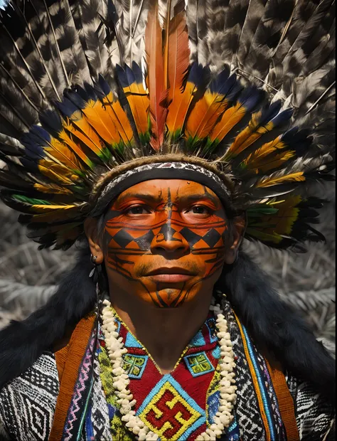 Extremely perfect cinematic hyperrealistic image, a closeup of a person wearing a headdress and feathers, amazon indian peoples in brazil, indigenous man, ayahuasca shaman, pinturas tribais do rosto, anthropological photography, marcas tribais faciais, Ind...