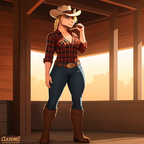 Athletic_mature_horse female blonde_mane long_single_braid orange_brown_furry_body green_eyes freckles plaid_shirt jeans cowboy_hat cowboy_boots thick_thighs farm solo Masterpiece best_quality absurdres highly_detailed cleanly_drawn_eyes anthro_only by_cla...