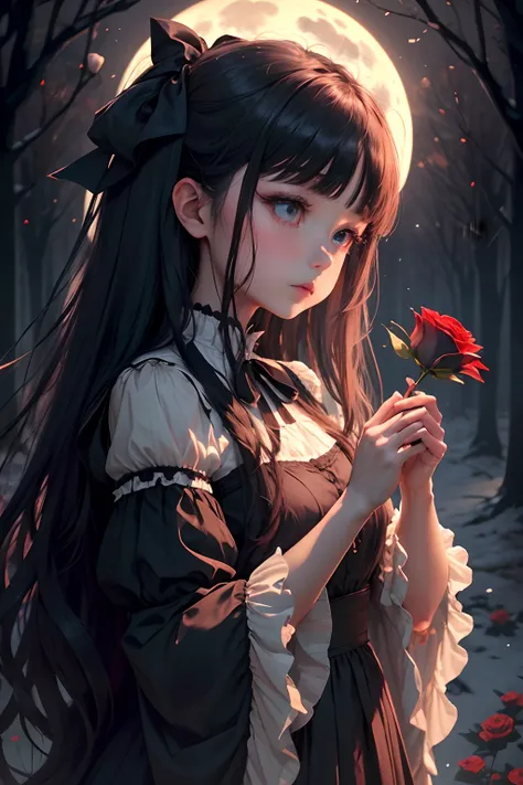 Dark and eerie forest、Full moon in the night sky、Scattering Red Roses、Wrist Trumpet Sleep、Ruffled sleeves、Wide open sleeves at the wrist、nobles、Big bright eyes、fleeting、bow ribbon、Straight Long Hair、