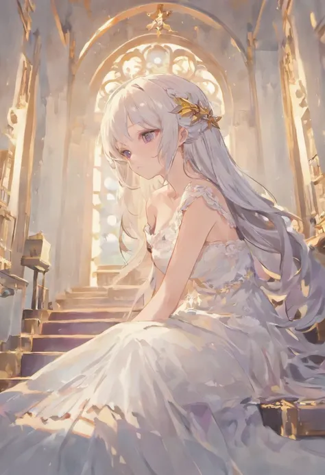 Best quality, highly detailed, masterpiece, ultra detailed, (reality: 1.2), 1 girl, (white background), simple background, delicate eyes, silver hair, purple eyes, hair_ornament, (white off-the-shoulder shirt: 1.3), long hair, pointy_ears, crown_braid, exp...