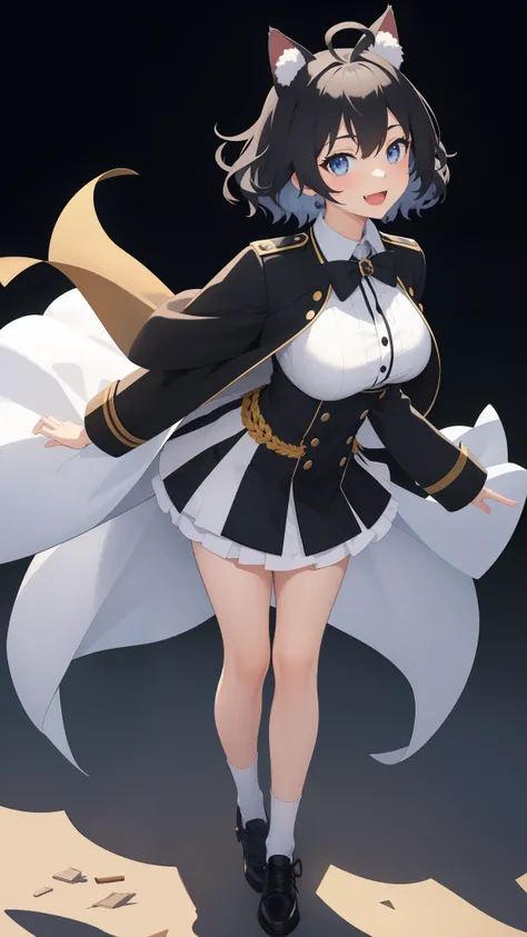 Full body,((((Upright)))), ((((Arms at sides)))), Looking at Viewer, simple background、White background, 1girl in, Open mouth, Smile, Virtual Youtuber、girl with、((Best Quality, high_resolution, Distinct_image)),(Black hair), (Black cat ears), (Ahoge), (abs...