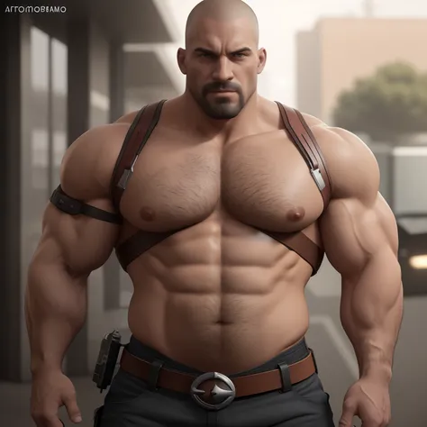 Man with a harness on his chest and a belt at his waist, muscular character, muscular male hero, musculoso! Cyberpunk, musculoso, Gigachade Muscular, musculoso e aterrorizante, homem atraente musculoso, corpo robusto e encorpado, Technoviking masculino sem...