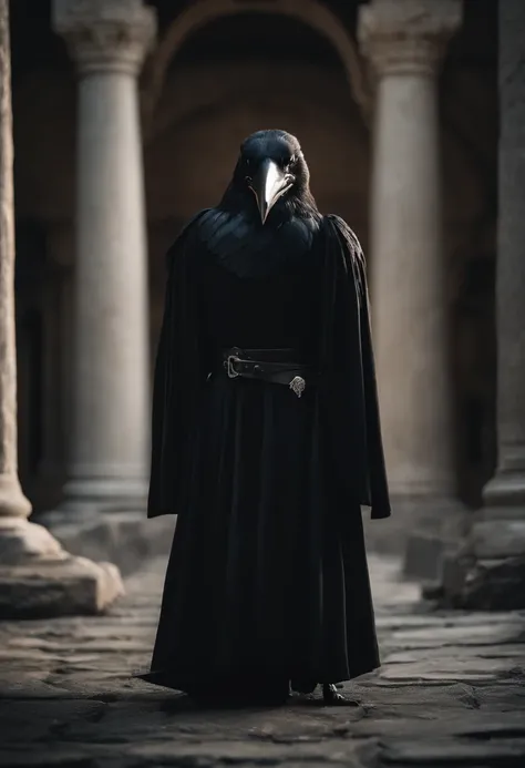 anthropomorphic crow wearing black robes with long sword in his left hand. He stands in a stone doorway on guard