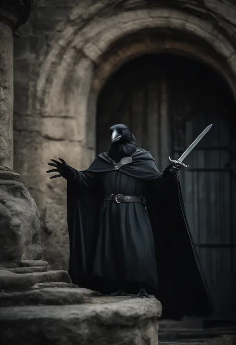 anthropomorphic crow wearing black robes with long sword in his left hand. He stands in a stone doorway on guard