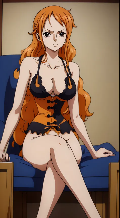 (ANIME ART STYLE) nami (ONE PIECE), with orange long hair, brown eyes, wearing black lingerie, blush face, sitting, down blouse, NSFW.