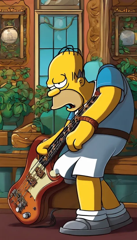 cafe shop，The Simpsons，Homer Simpson plays bass，homer simpson，Wear show costumes，《The Simpsons》Animation style，dramatic lights，Dramatic action，Wonderful poster composition，Dramatic composition，Dramatic colors，Gorgeous stage，gorgeous lights，ornate backdrop，...